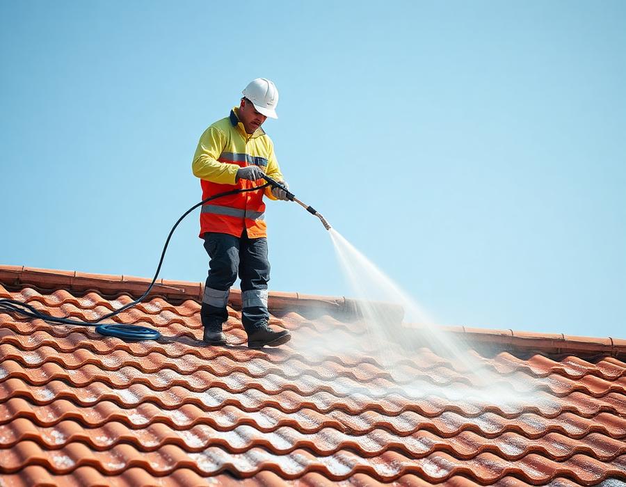 Démoussage d'une toiture en tuiles au nettoyeur haute pression